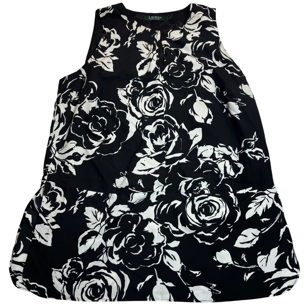 Lauren Ralph Lauren Top Women's Black White Excellent Floral Rose Peplum Size 14
